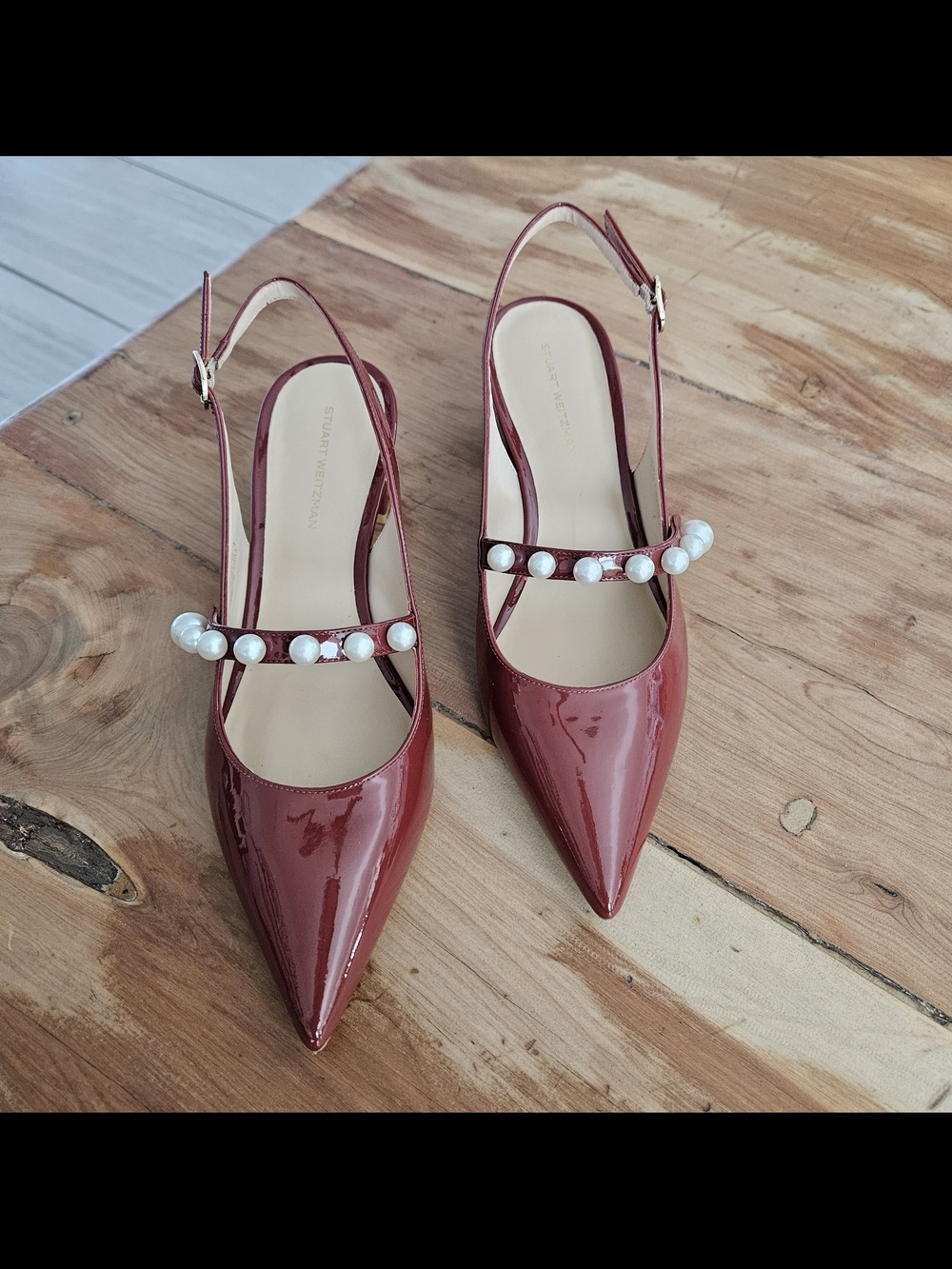 Stuart Weitzman Pia Red Leather Mary Jane Slingback Pumps 7.5B Pearl Strap
